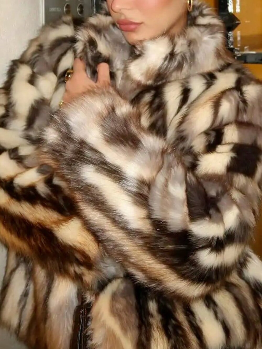 Multicolor Casual Women's Fuzzy Stand Collar Zippered Long Coat